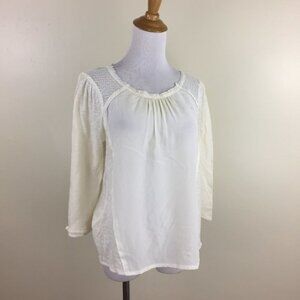 MADEWELL Ivory/Light Cream Mixed Fabric Pleats High Low Hem 3/4 Sleeve Shirt